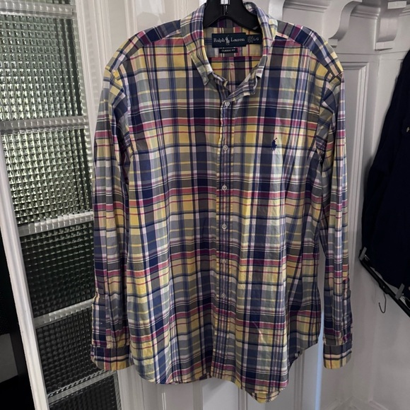 Men's Ralph Lauren Classic Fit Striped Plaid Oxford Shirt Blue Large - Picture 2 of 11